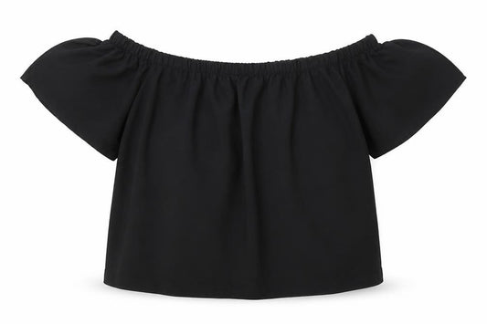 Front view of Atmosphere women’s black polyester cropped blouse, size UK 12, off the shoulder - elasticated collar