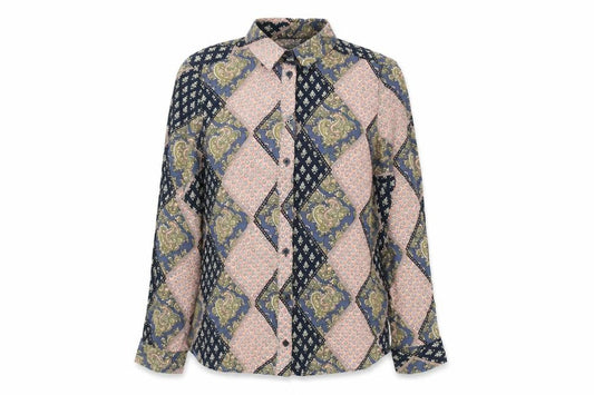 Front view of Topshop women’s multicoloured geometric viscose basic button-up, size UK 8, collared