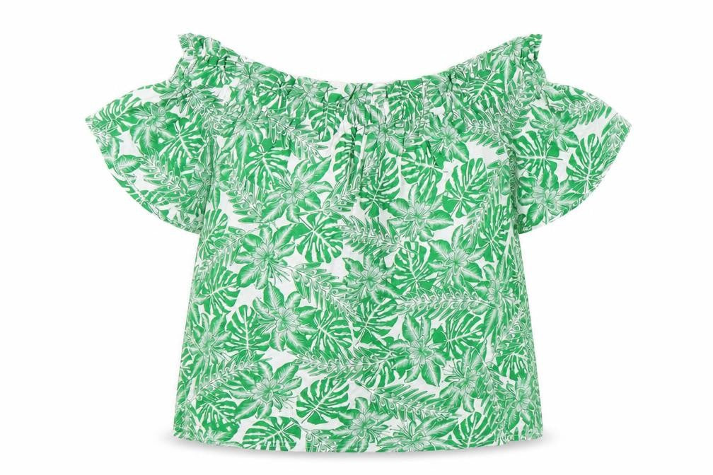 Front view of Atmosphere women’s green floral viscose basic blouse, size UK 12, off the shoulder