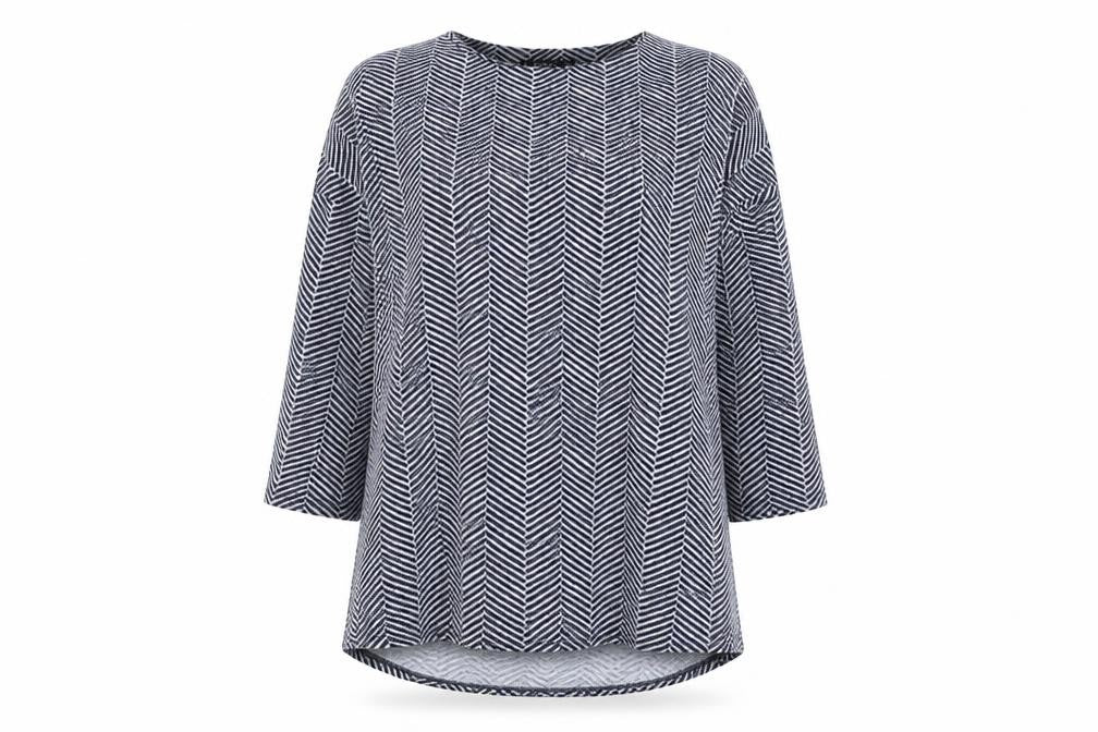 Front view of Dunnes women’s blue boat neck herringbone polyester jumper, size L