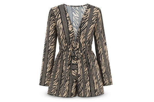 Front view of PRETTYLITTLETHING women’s beige animal print 100% polyester playsuit one-piece, size UK 8 tie - tiger print