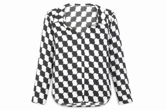 Front view of Primark women’s black geometric polyester basic blouse, size UK 12, collared - black and white pattern