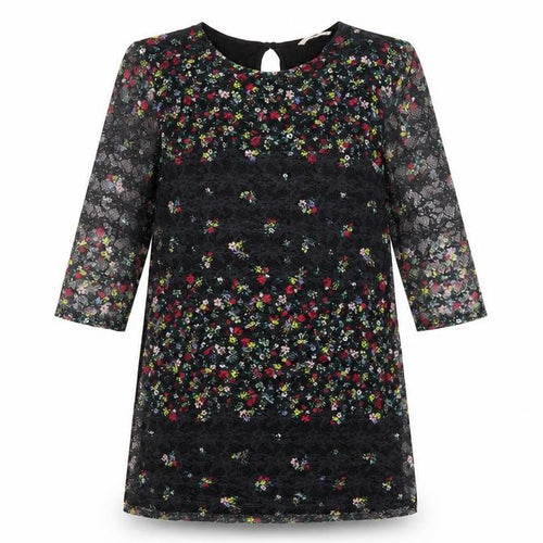 TU Woman Womens Black Floral Viscose T-Shirt Dress Size 12 Round Neck Button - Lace Overlay