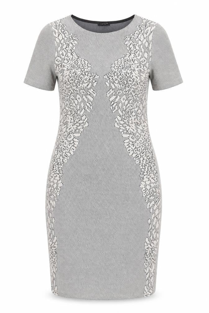 Front view of River Island women’s white geometric cotton bodycon, size UK 6, round neck pullover