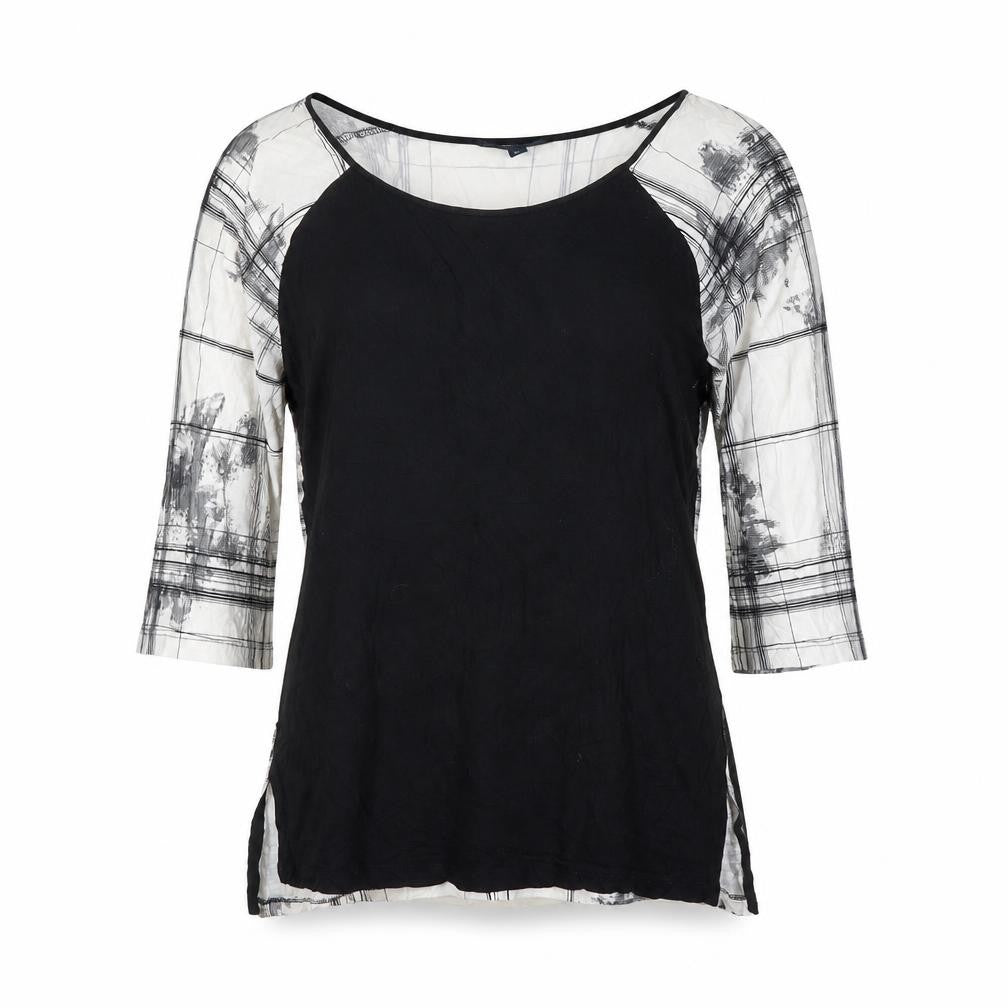 Front view of French Connection women’s black geometric viscose basic blouse, size XS, round neck