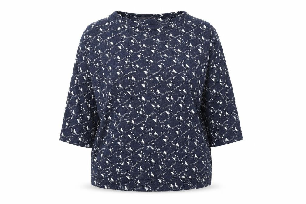 Front view of Marks & Spencer women’s blue round neck geometric polyester jumper, size UK 12