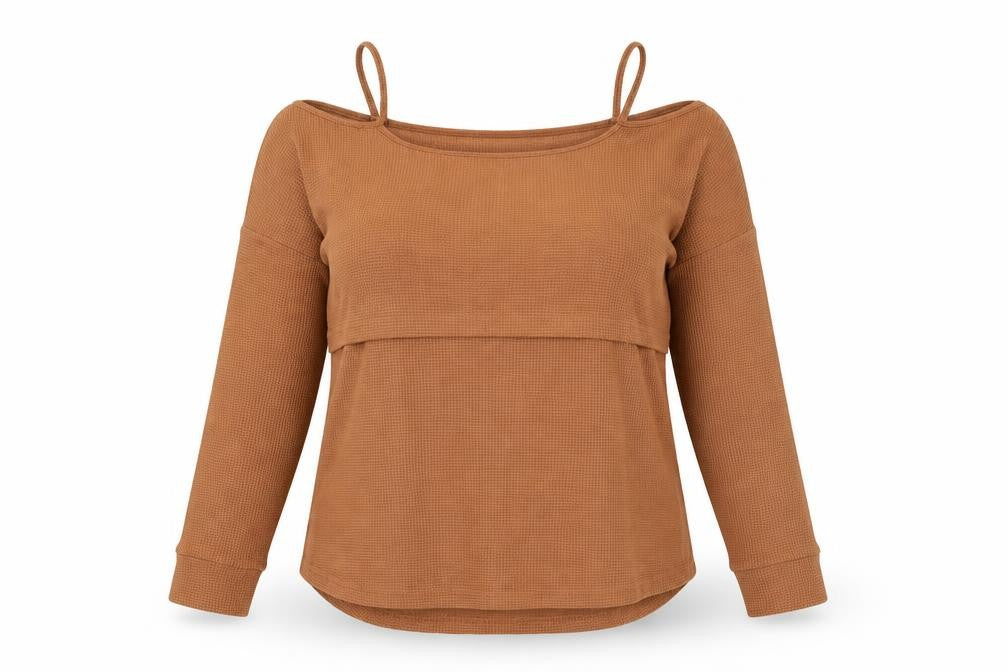 Front view of Preworn women’s brown boat neck cotton jumper, size M