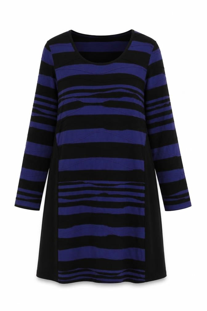 Front view of Adini women’s blue striped cotton shift, size S, round neck pullover