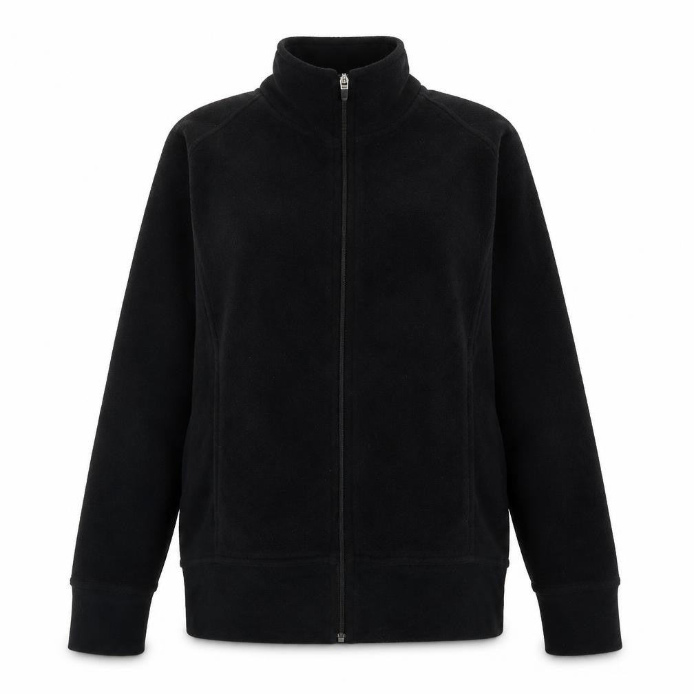Front view of Decathlon women’s black polyester full zip sweatshirt, size UK 10, zip