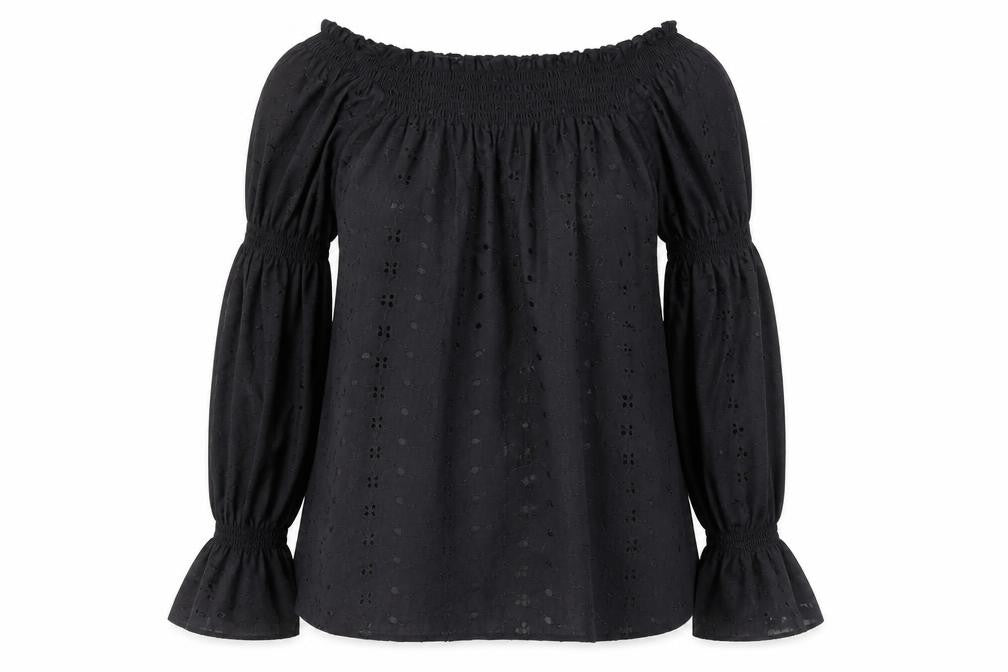 Front view of Ice Ice Ice women’s black geometric 100% cotton basic blouse, size M, off the shoulder