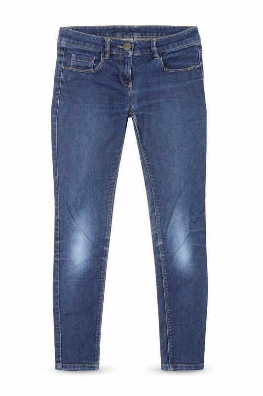 Front view of Next girls’ blue cotton skinny jeans, size 12, years, 27-inch leg regular zip