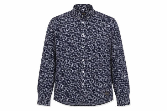 Front view of Solid women’s blue geometric cotton basic button-up, size S, collared