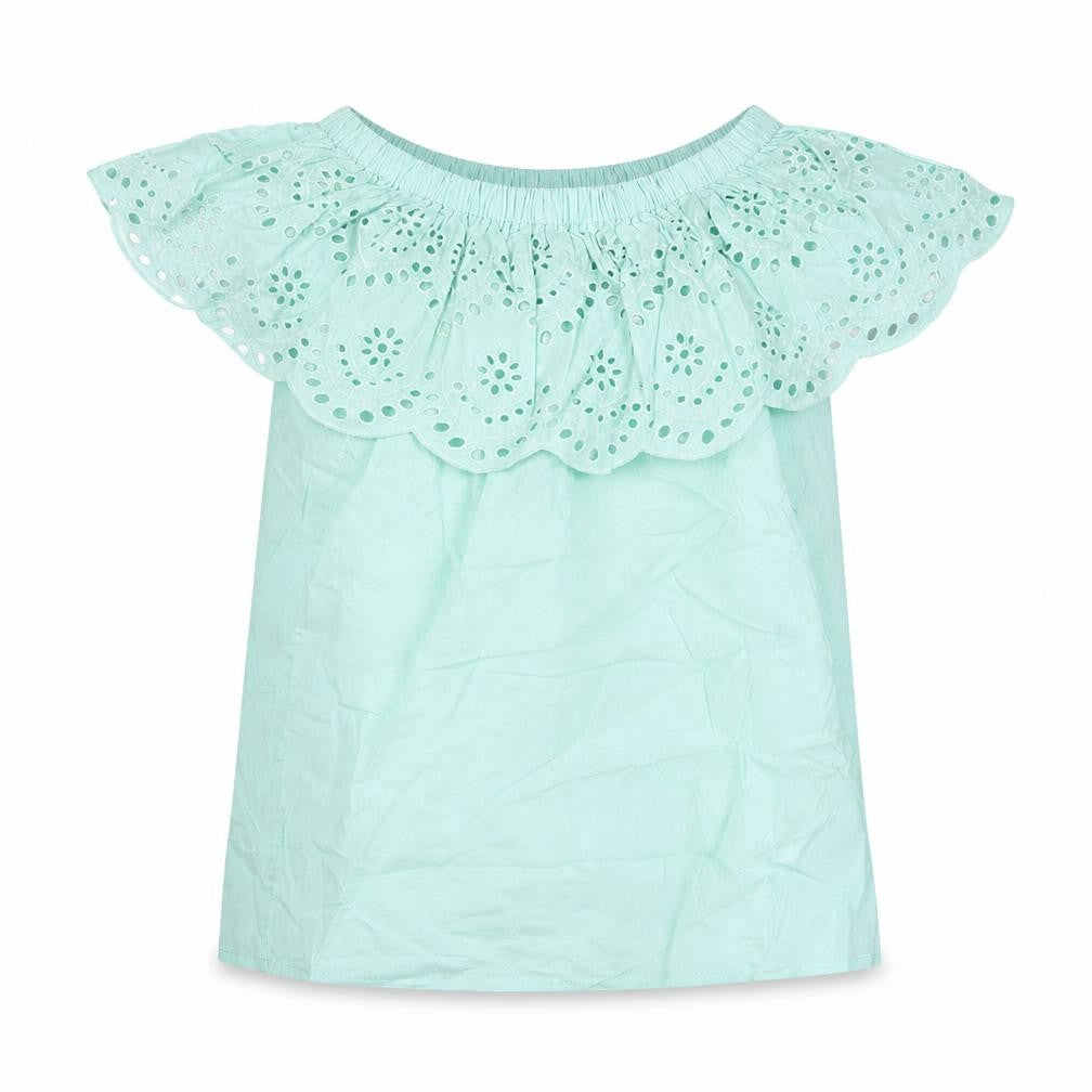Front view of Atmosphere women’s blue cotton basic blouse, size UK 4, off the shoulder - crochet neckline