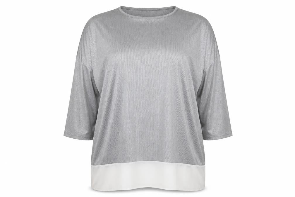 Front view of Marina Kaneva women’s silver polyester basic blouse, size UK 20, round neck