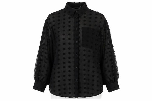 Front view of ASOS women’s black polka dot polyester basic button-up, size UK 8, collared