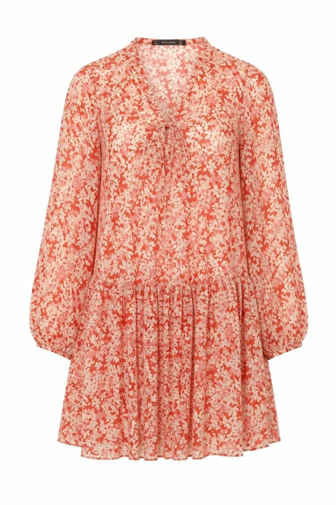 Front view of Zara women’s red floral polyester a-line, size S, round neck pullover