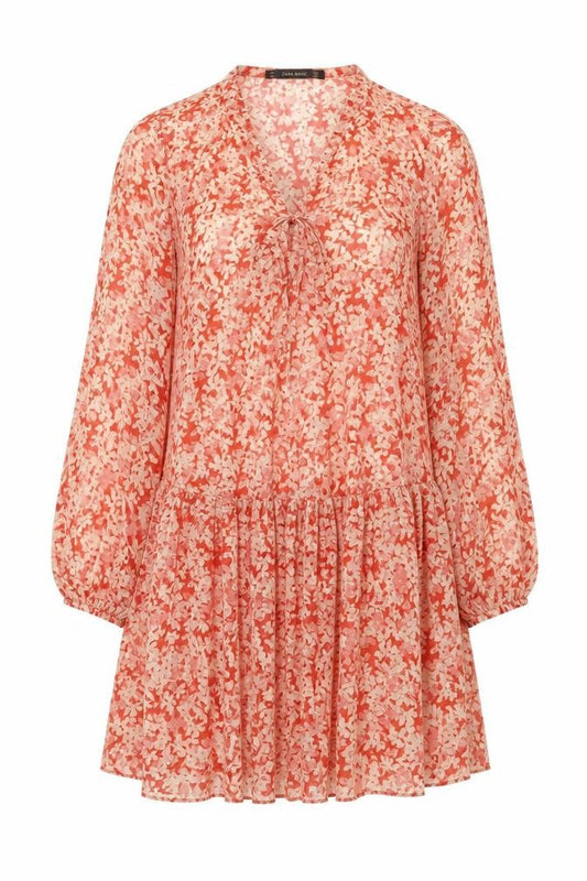 Front view of Zara women’s red floral polyester a-line, size S, round neck pullover