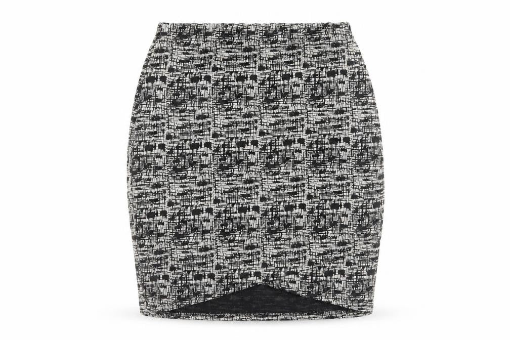 Front view of Miss Selfridge women’s black geometric polyester mini skirt, size UK 6
