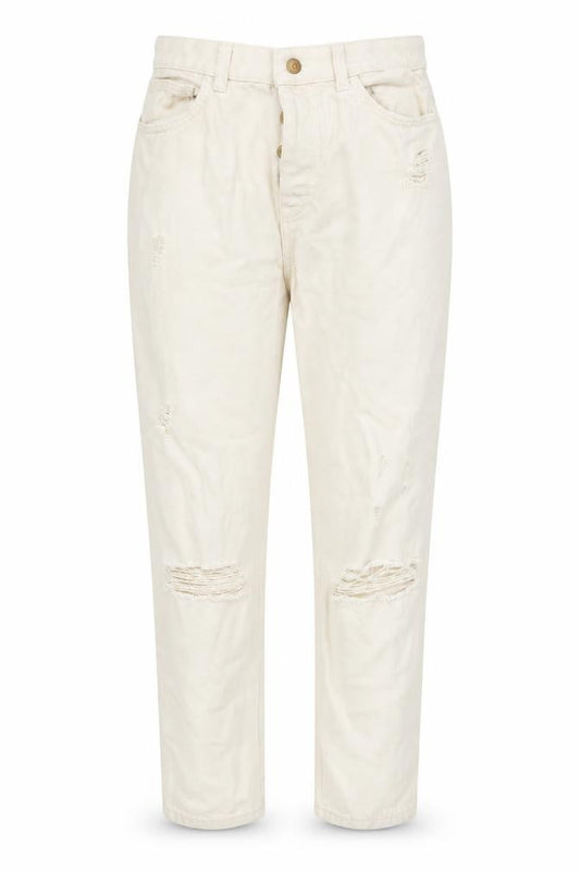 Front view of Denim & Co. women’s beige cotton mom jeans, size UK 12, 26-inch leg regular button