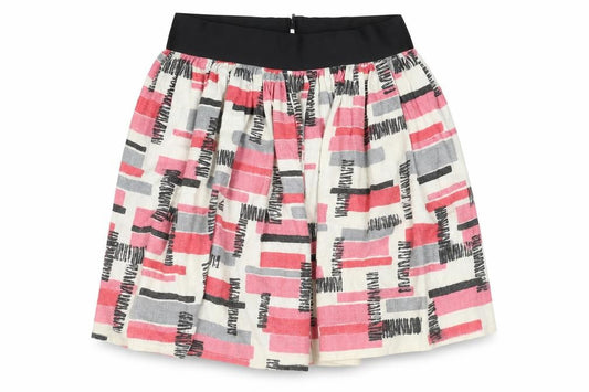 Front view of Preworn women’s multicoloured geometric cotton pleated skirt, size UK 12, zip