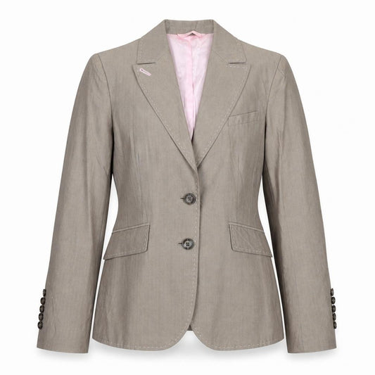 Front view of Mexx women’s beige cotton jacket suit jacket, size UK 12, - shoulder pads