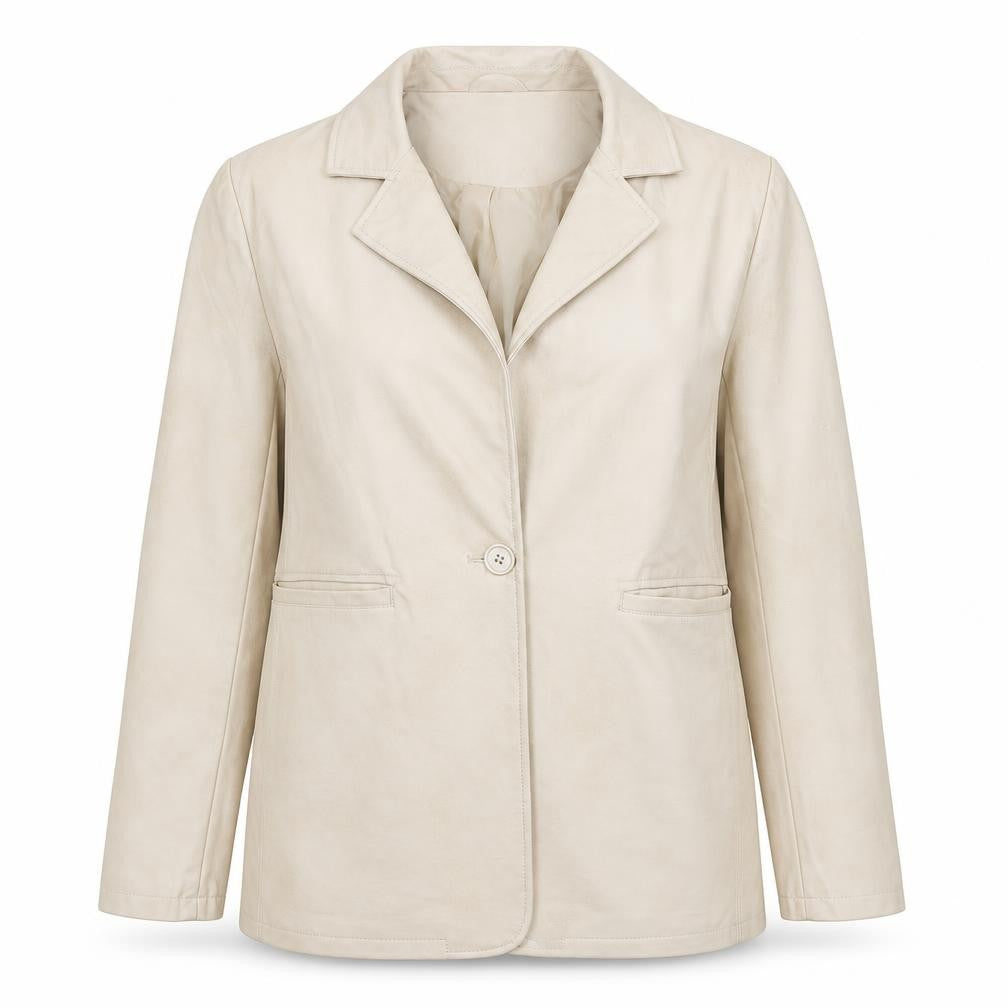 Front view of Lys Noir women’s beige overcoat jacket, size XL, buckle