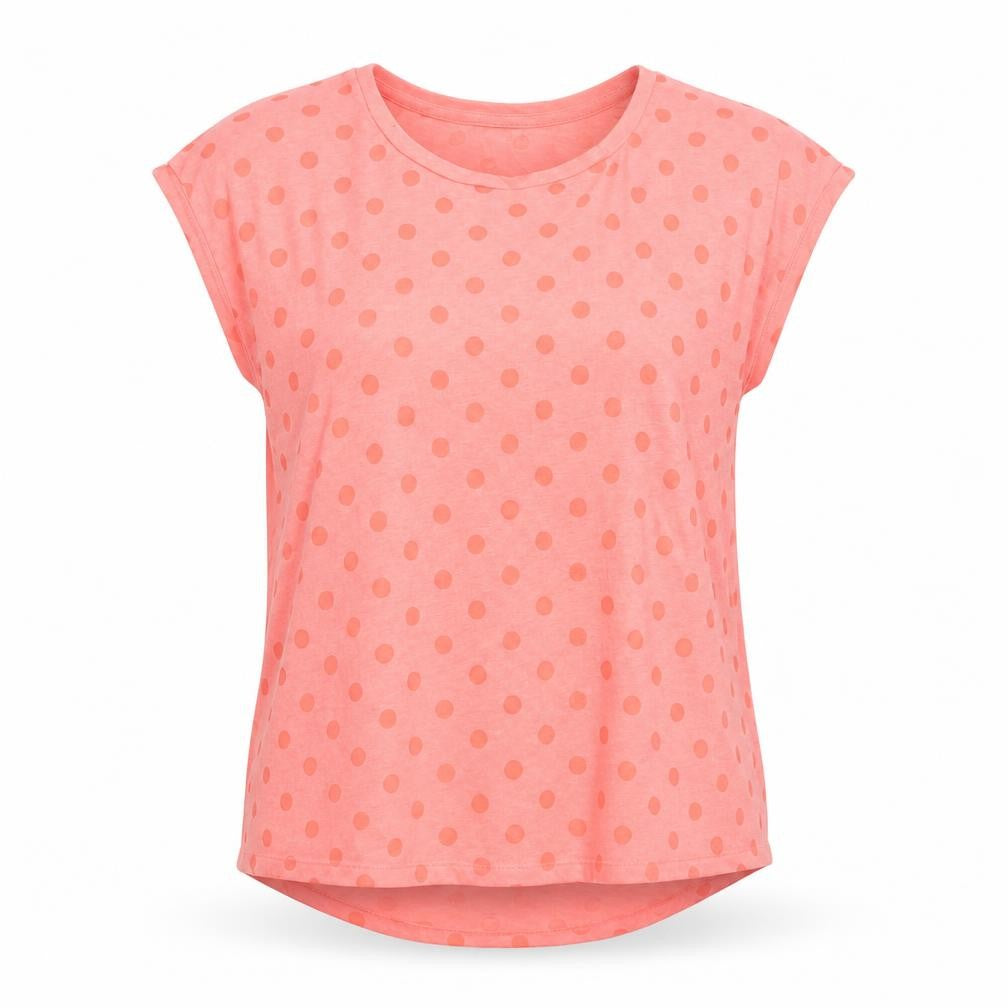 Front view of Gap women’s pink polka dot cotton basic t-shirt, size M, scoop neck