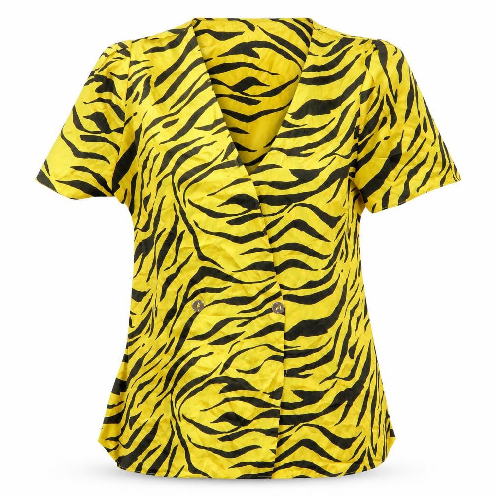 Front view of River Island women’s yellow animal print polyester basic button-up, size UK 10, v-neck