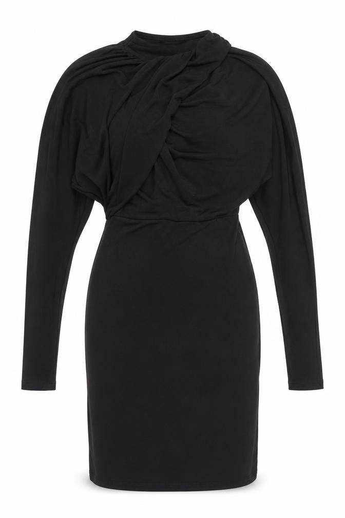 Front view of H&M women’s black polyester bodycon, size XS, high neck pullover - knot detail