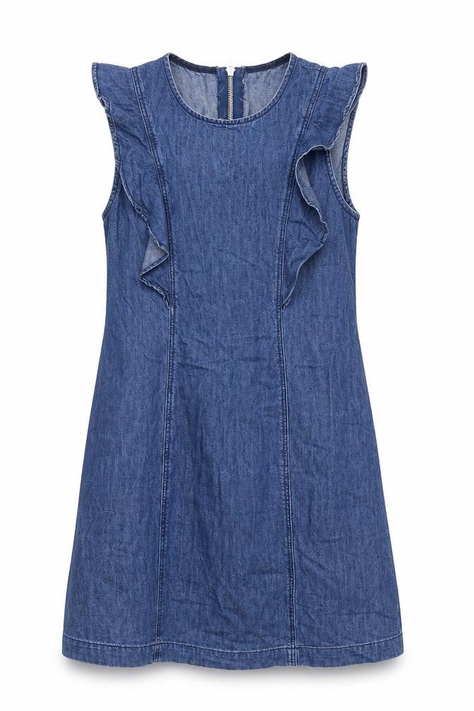 Front view of Stradivarius women’s blue cotton a-line, size S, round neck zip