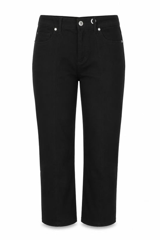Front view of Simon Carter women’s black 100% cotton cropped jeans, size UK 8, 23-inch leg regular zip