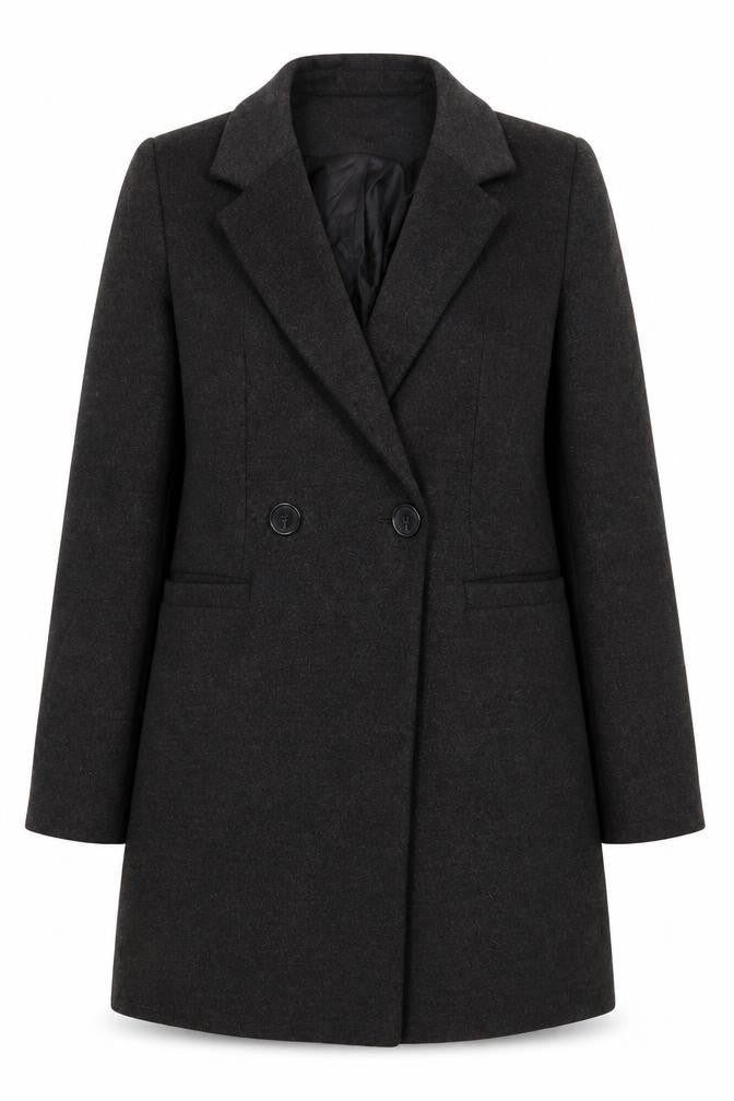 Front view of Warehouse women’s grey pea coat coat, size UK 6, button