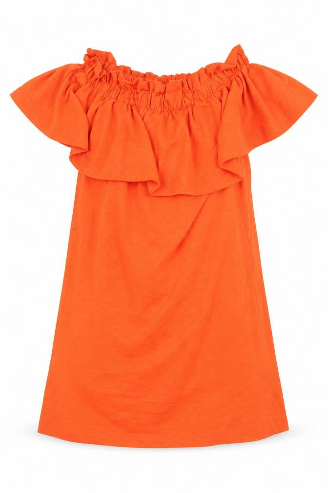 Front view of H&M women’s orange cotton mini, size S, off the shoulder pullover
