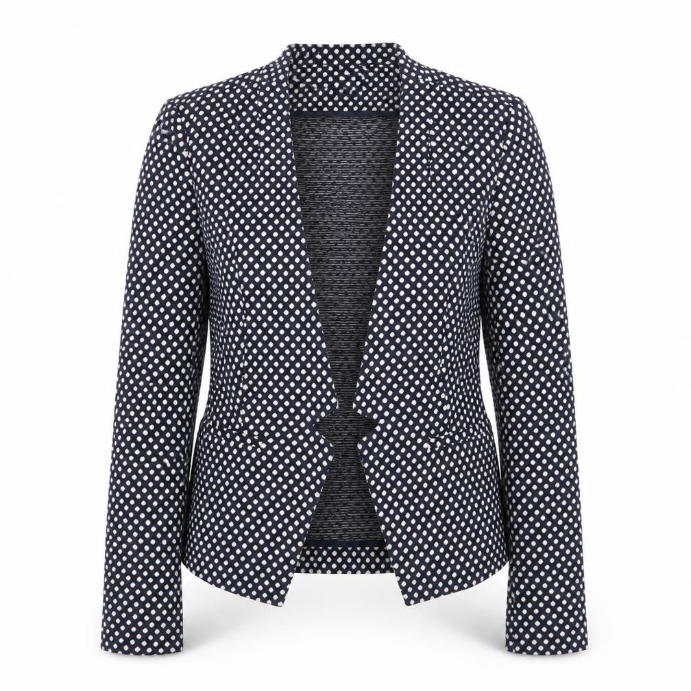 Front view of Marks & Spencer women’s blue polka dot jacket blazer, size UK 10