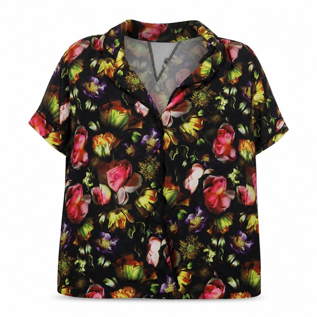 Front view of Julien Macdonald women’s multicoloured floral polyester basic button-up, size UK 14, collared
