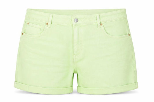 Front view of Marks & Spencer women’s green cotton boyfriend shorts, size UK 22, 5-inch leg regular zip