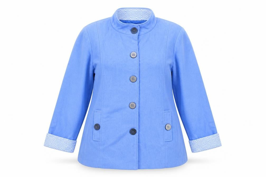 Front view of Anne De Lancay women’s blue jacket coat, size L, button