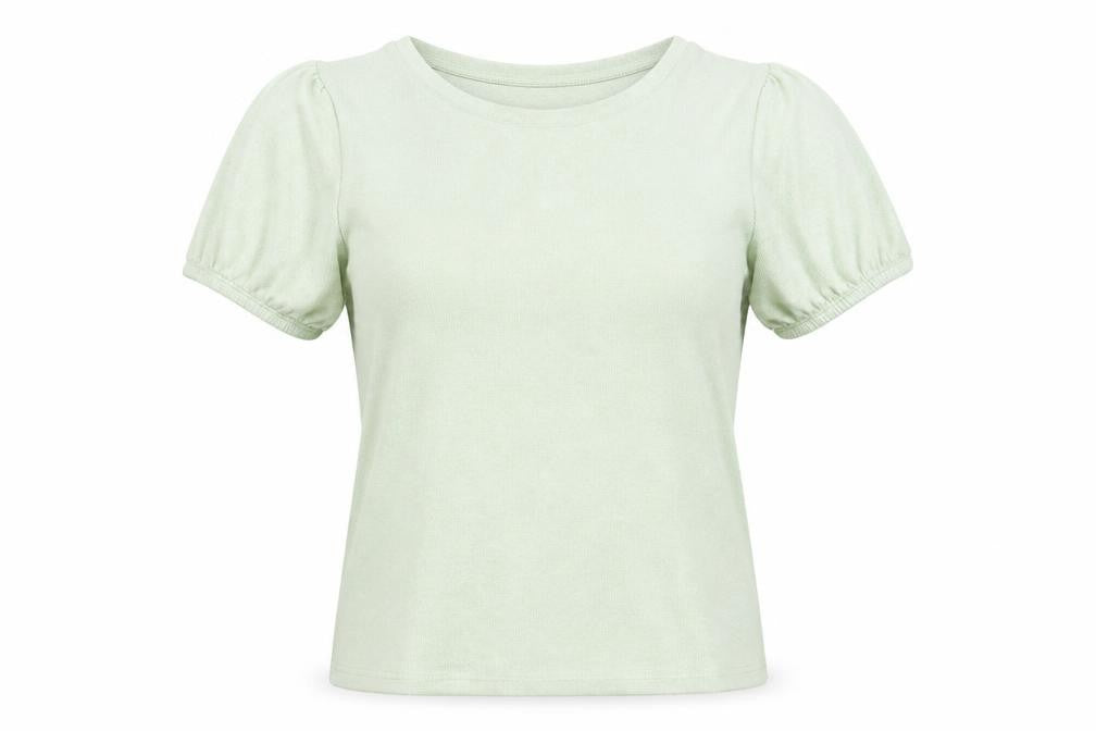 Front view of M&Co women’s green polyester basic t-shirt, size UK 14, crew neck - balloon sleeve
