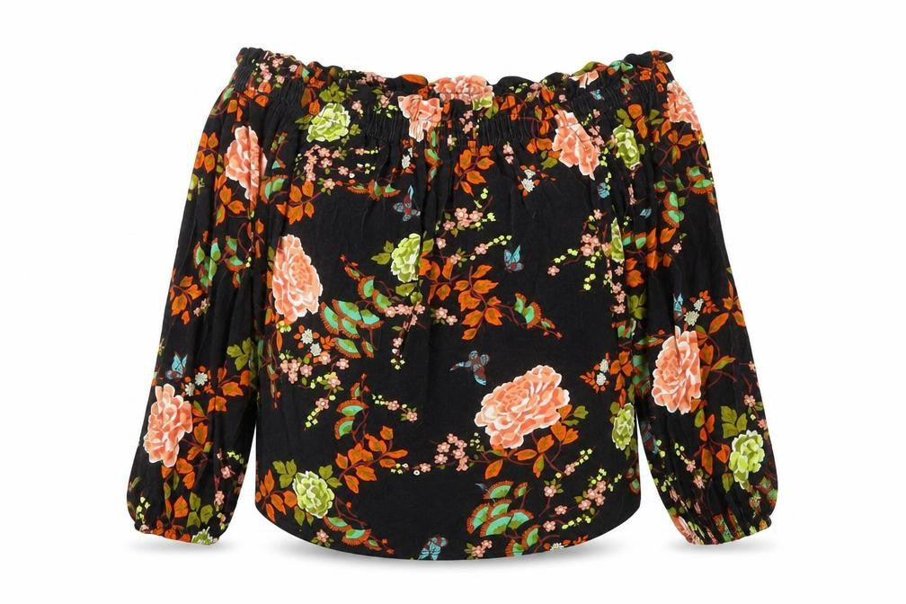 Front view of Primark women’s black floral viscose basic blouse, size M, off the shoulder