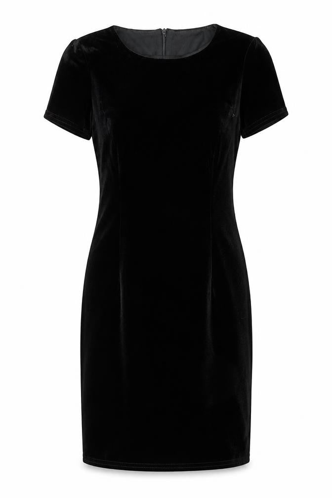 Front view of Rare London women’s black polyester shift, size UK 10, crew neck zip