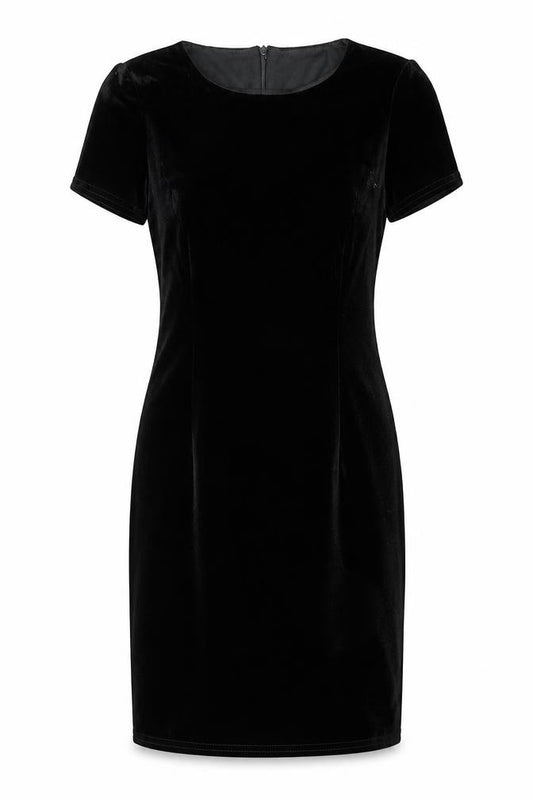 Front view of Rare London women’s black polyester shift, size UK 10, crew neck zip