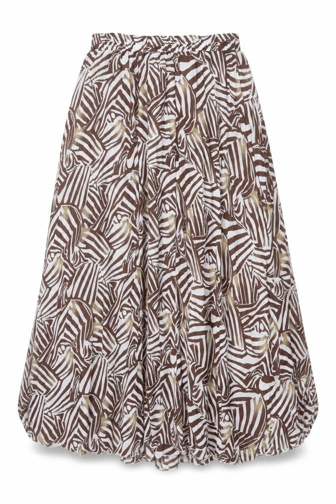 Front view of Bonprix women’s brown geometric polyester a-line skirt, size UK 10