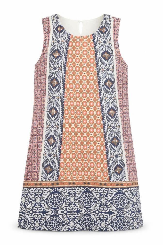 Front view of Only women’s multicoloured geometric polyester a-line, size UK 8, crew neck button