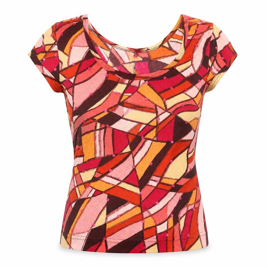 Front view of Suchita women’s multicoloured geometric cotton basic t-shirt, size S, boat neck