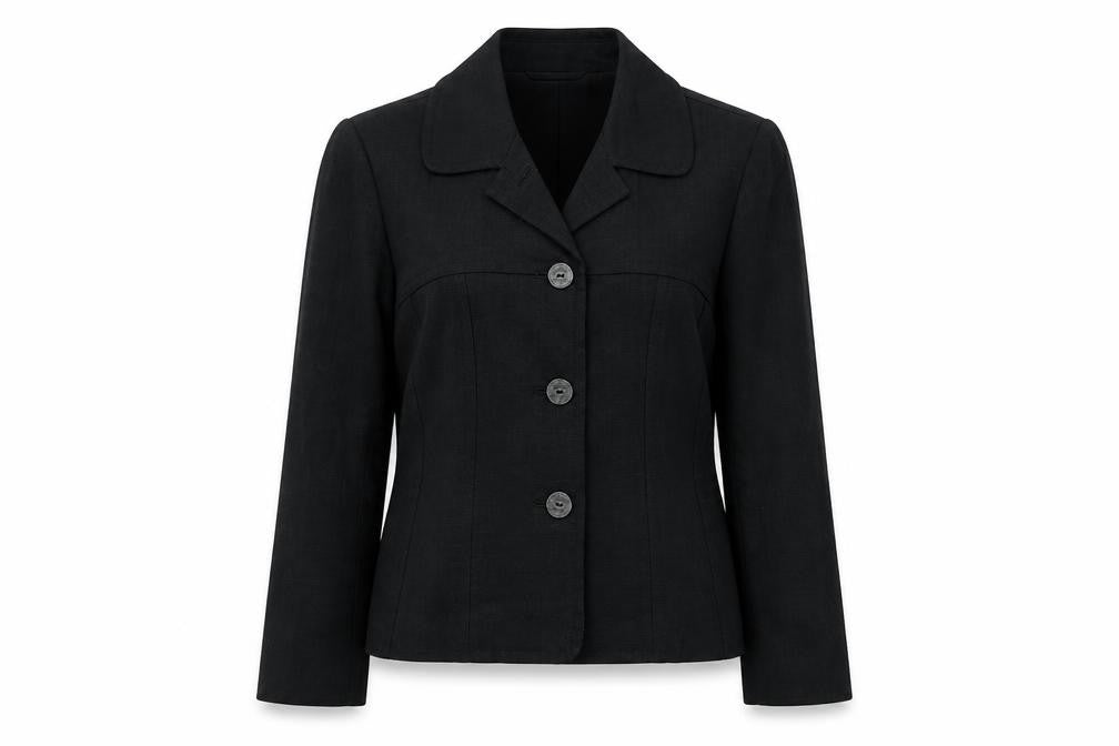 Front view of Next women’s black linen jacket blazer, size UK 10