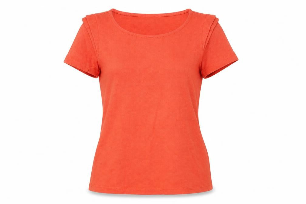 Front view of Zara women’s orange cotton basic blouse, size XS, crew neck