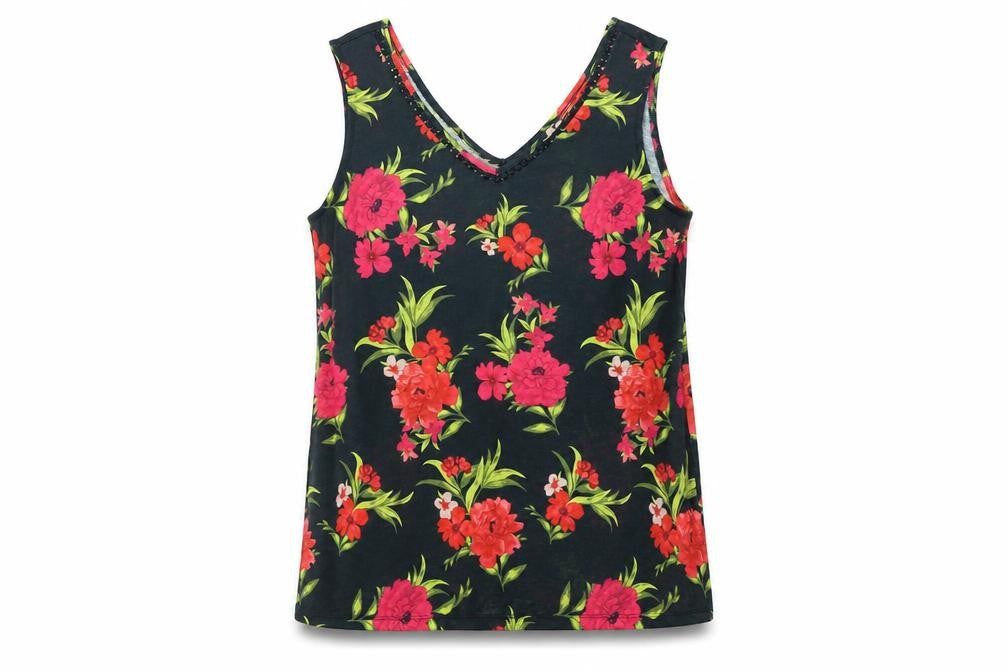 Front view of Bonmarché women’s black floral polyester basic tank, size UK 12, v-neck