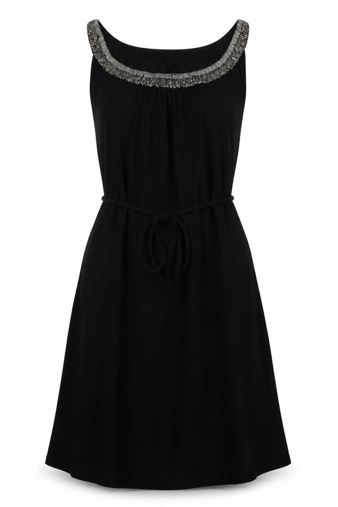 Front view of Monsoon women’s black viscose a-line, size S, crew neck pullover