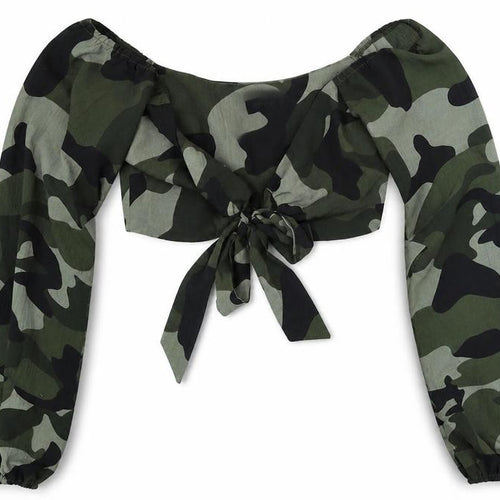 I SAW IT FIRST Womens Green Camouflage Polyester Cropped Blouse Size 6 Scoop Neck - Tie Front