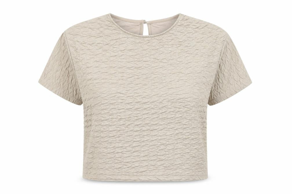 Front view of Great Plains women’s beige polyester basic t-shirt, size XS, round neck - textured